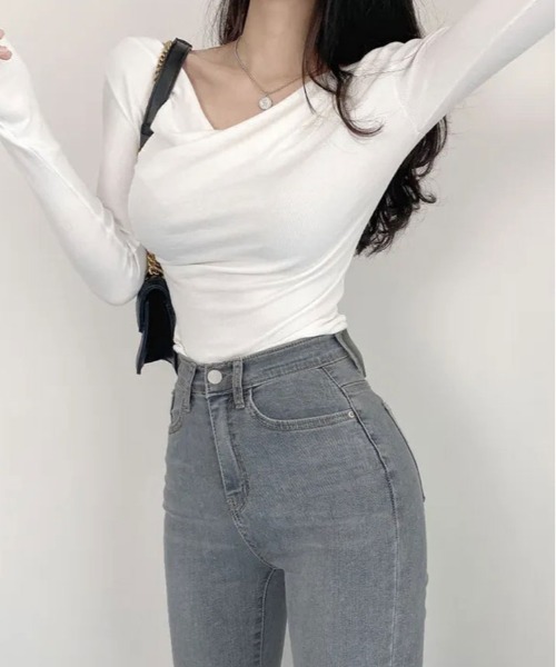 kirakiraShop(キラキラショップ)の「ネック ドレープ ロング スリーブ カットソー(Tシャツ/カットソー・レディース・ブラック/カーキ/ホワイト/ミント・FREE)」の7枚目の写真