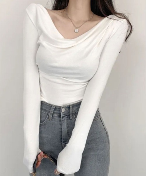 kirakiraShop(キラキラショップ)の「ネック ドレープ ロング スリーブ カットソー(Tシャツ/カットソー・レディース・ブラック/カーキ/ホワイト/ミント・FREE)」の9枚目の写真
