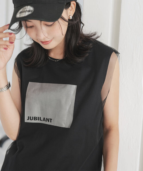 KOBE LETTUCE(コウベレタス)の「チュールレイヤード風フレンチロゴTトップス(Tシャツ/カットソー・レディース・ブラック/オフホワイト・M)」の1枚目の写真