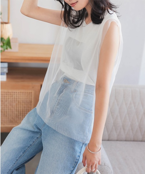 KOBE LETTUCE(コウベレタス)の「チュールレイヤード風フレンチロゴTトップス(Tシャツ/カットソー・レディース・ブラック/オフホワイト・M)」の11枚目の写真
