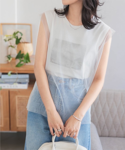 KOBE LETTUCE(コウベレタス)の「チュールレイヤード風フレンチロゴTトップス(Tシャツ/カットソー・レディース・ブラック/オフホワイト・M)」の5枚目の写真