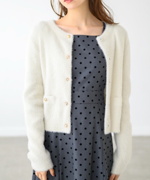 MISCH MASCH（ミッシュマッシュ）の「シャギー金釦カーディガン/MM448401（カーディガン/ボレロ・レディース・チャコールグレー/ホワイト/ピンク/アイボリー・ﾌﾘ-）」の6枚目の写真