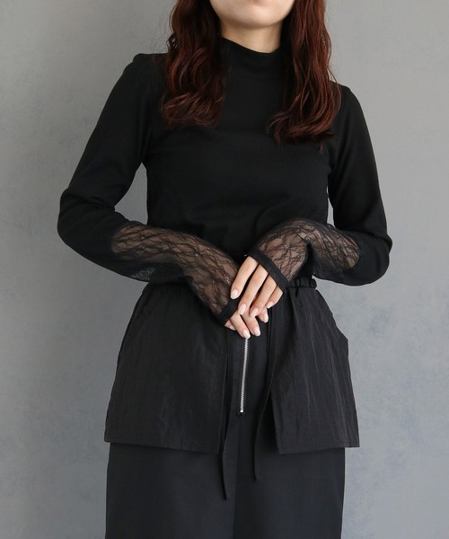 &g'aime(アンジェム)の「【&g’aime】レース切替リブトップス LACE DOCKING RIB TOPS(Tシャツ/カットソー・レディース・ブラック・FREE)」の1枚目の写真