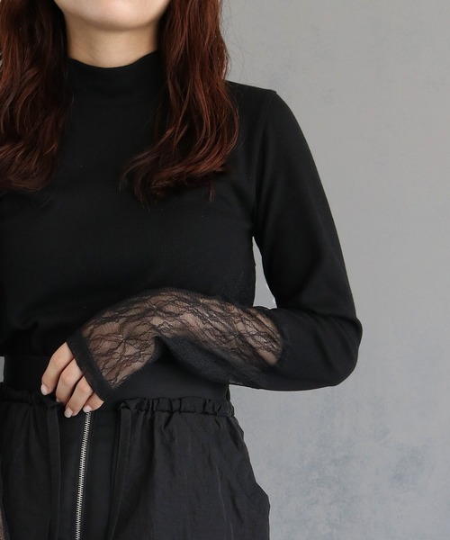 &g'aime(アンジェム)の「【&g’aime】レース切替リブトップス LACE DOCKING RIB TOPS(Tシャツ/カットソー・レディース・ブラック・FREE)」の3枚目の写真