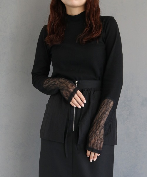 &g'aime(アンジェム)の「【&g’aime】レース切替リブトップス LACE DOCKING RIB TOPS(Tシャツ/カットソー・レディース・ブラック・FREE)」の4枚目の写真