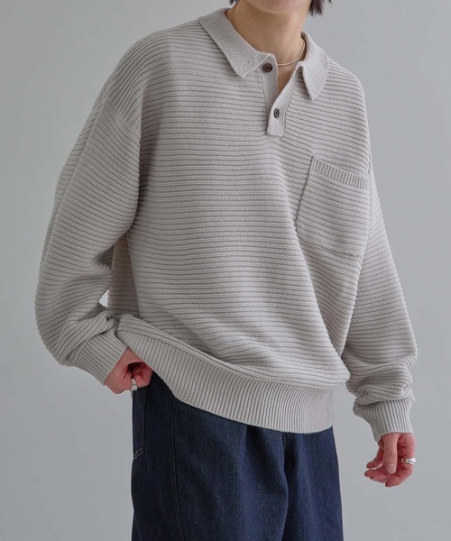 epnok（エプノック）の「ガーター編みルーズニットポロ（ニット/セーター・メンズ・グレー/ブラック/チャコールグレー/ブラック系その他/ブルー系その他/ブラウン系その他・SMALL/MEDIUM/LARGE）」の4枚目の写真