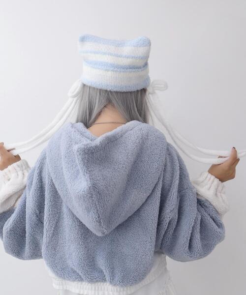 Whinny（ホワイニー）の「Whinny/スペシャルねこパンチ帽（ニットキャップ/ビーニー・レディース・サックスブルー/ブラック/ホワイト・FREE）」の9枚目の写真