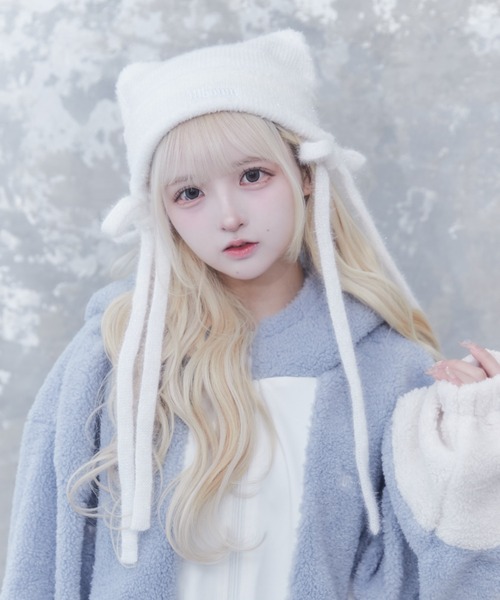 Whinny（ホワイニー）の「Whinny/スペシャルねこパンチ帽（ニットキャップ/ビーニー・レディース・サックスブルー/ブラック/ホワイト・FREE）」の2枚目の写真