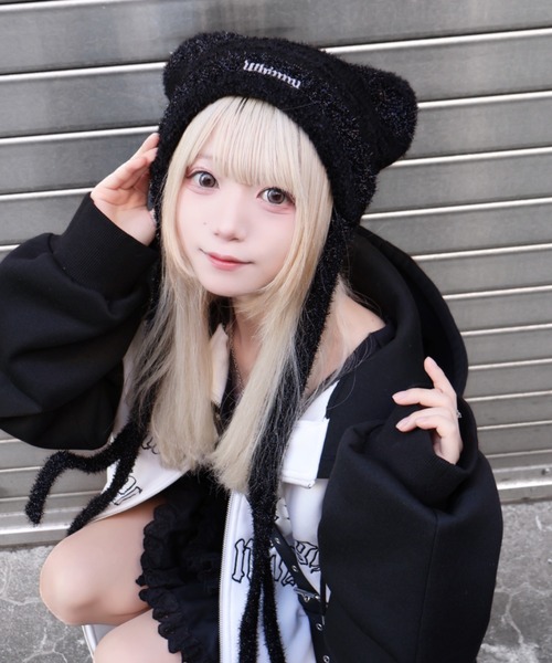 Whinny（ホワイニー）の「Whinny/スペシャルねこパンチ帽（ニットキャップ/ビーニー・レディース・サックスブルー/ブラック/ホワイト・FREE）」の3枚目の写真