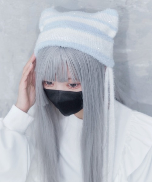 Whinny（ホワイニー）の「Whinny/スペシャルねこパンチ帽（ニットキャップ/ビーニー・レディース・サックスブルー/ブラック/ホワイト・FREE）」の4枚目の写真