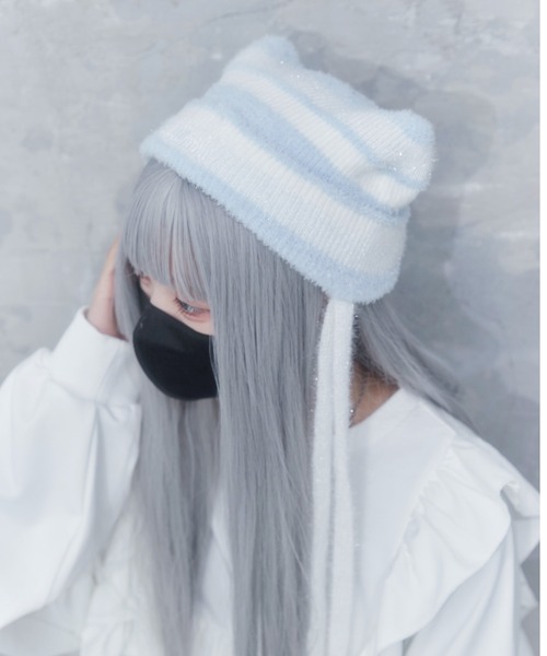 Whinny（ホワイニー）の「Whinny/スペシャルねこパンチ帽（ニットキャップ/ビーニー・レディース・サックスブルー/ブラック/ホワイト・FREE）」の5枚目の写真