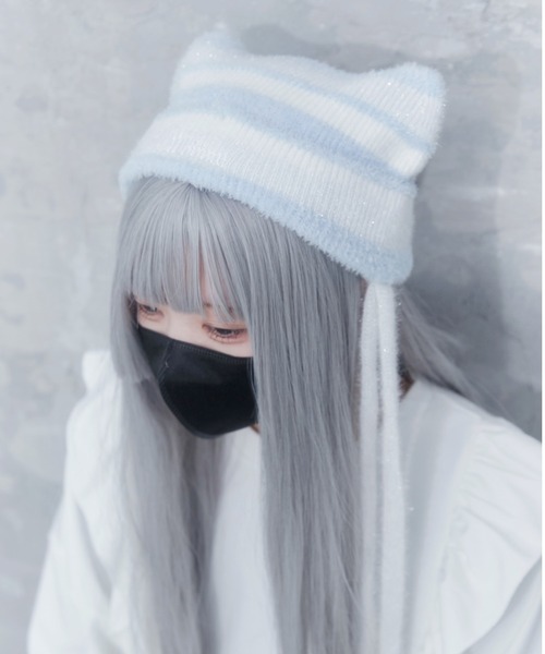 Whinny（ホワイニー）の「Whinny/スペシャルねこパンチ帽（ニットキャップ/ビーニー・レディース・サックスブルー/ブラック/ホワイト・FREE）」の6枚目の写真