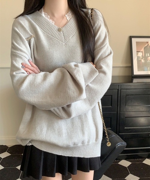 BLANC basque●Vネックリブニット オーバーサイズ ゆるニット オーバーサイズVネックニットプルオーバー（ニット/セーター