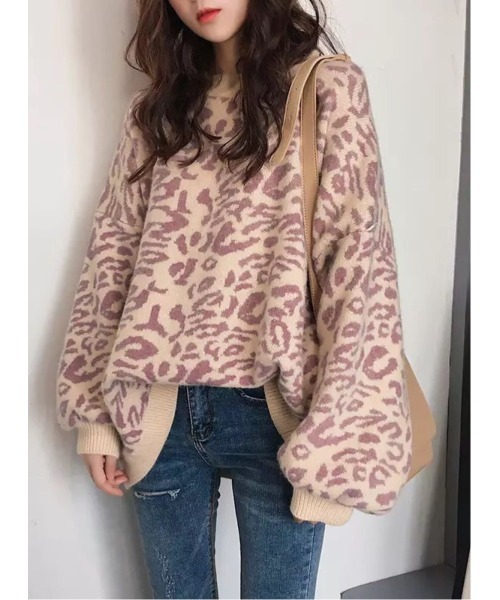 LETee(レティー)の「人気のレオパードジャカード ニットプルオーバー(ニット/セーター・レディース・ブラック/パープル/ベージュ・FREE)」の3枚目の写真