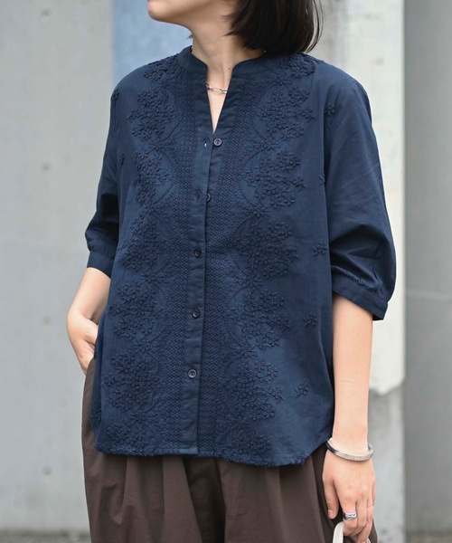 ヌキテパ　刺繍 コットン ブラウス ブラック フレンチさスリーブ インド製 ヌキテパ 刺繍 コットン ブラウス ブラック フレンチさスリーブ
