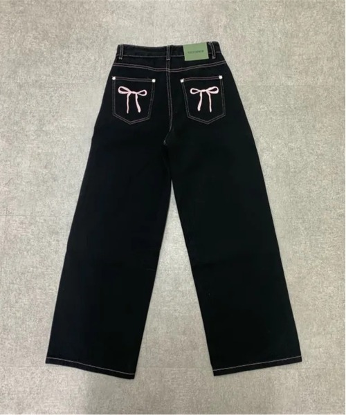 by muni:r（バイ ムニール）の「リボン刺繍ポケットパンツ（デニムパンツ・レディース・ブラック・MEDIUM/SMALL）」の8枚目の写真