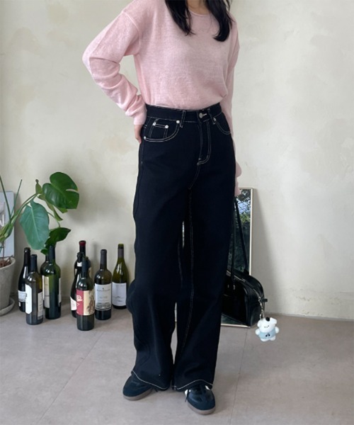 ブラックWデニム♡刺繍のリボンバッグ♡ストーン付き チビリボン刺繍デニムPT|ems excite | RETRO GIRL ONLINE STORE