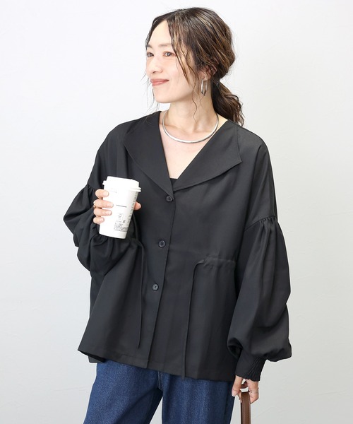 Aletta vita（アレッタビータ）の「長袖オープンカラー杢無地ドロストブラウス（シャツ/ブラウス・レディース・オフホワイト/ブラック/チャコール・FREE）」の17枚目の写真