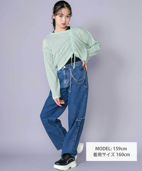 ZIDDY（ジディ）の「【 ニコ☆プチ 掲載 】チャーム付きサイドカットアウトデニムパンツ(130~160cm)（デニムパンツ・キッズ・ネイビー/ブルー・FREE/130cm/140cm/150cm）」の16枚目の写真