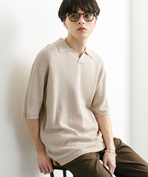 SENSE OF PLACE by URBAN RESEARCH（センスオブプレイスバイアーバンリサーチ）の「『ユニセックス』『洗濯可』ミックススキッパーニット（ニット/セーター・メンズ・ライトベージュ/オリーブ/レッド・MEDIUM/LARGE）」の2枚目の写真