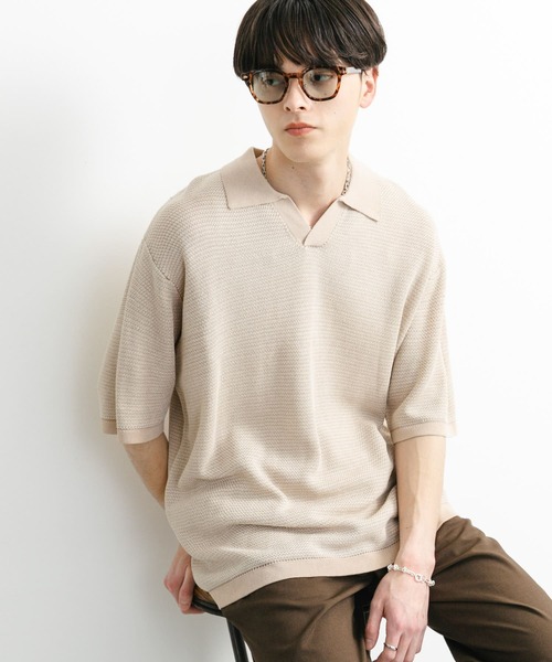 SENSE OF PLACE by URBAN RESEARCH（センスオブプレイスバイアーバンリサーチ）の「『ユニセックス』『洗濯可』ミックススキッパーニット（ニット/セーター・メンズ・ライトベージュ/オリーブ/レッド・MEDIUM/LARGE）」の4枚目の写真