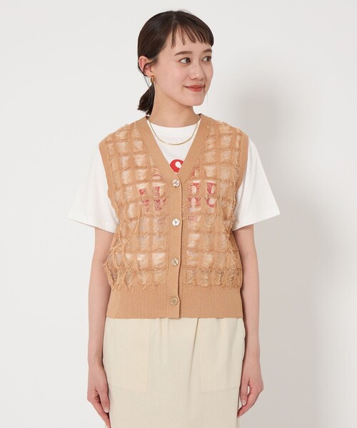 美品green label relaxing ペプラムジレ　フリンジ　ホワイト green label relaxing ベスト ダブルクロス ペプラム ジレ