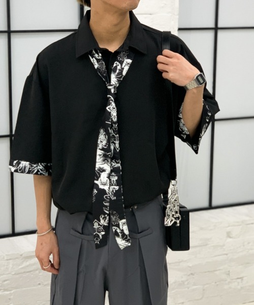 link lot(リンクロット)の「【スカーフ付き】スカーフ付きビッグカラー袖切り替えシャツ(シャツ/ブラウス・メンズ・グリーン/ブラック/グレー・M/L/XL)」の9枚目の写真
