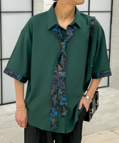 link lot(リンクロット)の「【スカーフ付き】スカーフ付きビッグカラー袖切り替えシャツ(シャツ/ブラウス・メンズ・グリーン/ブラック/グレー・M/L/XL)」の6枚目の写真