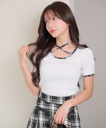 チェックパイピングハーフリブニット