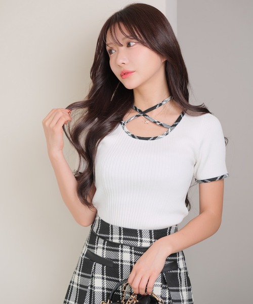 LIPSERVICE(リップサービス)の「チェックパイピングハーフリブニット(ニット/セーター・レディース・ホワイト/ブラック/グレー・FREE)」の1枚目の写真