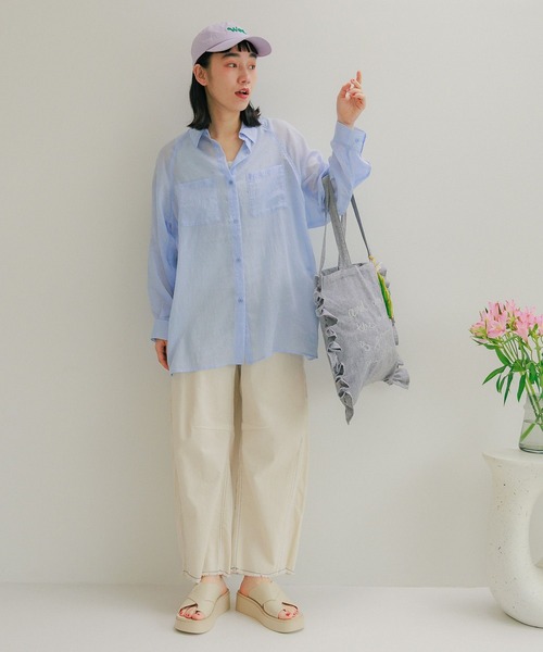 【Loungedress】ストライプBIGシャツ　グリーン セール】シアーストライプBIGシャツ（シャツ/ブラウス）｜niko
