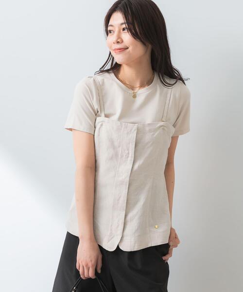 F by ROSSO（エフバイロッソ）の「F by ROSSO　リネン混ビスチェ+半袖Tシャツ（Tシャツ/カットソー・レディース・ベージュ/チェック/チャコールグレー・FREE）」の3枚目の写真