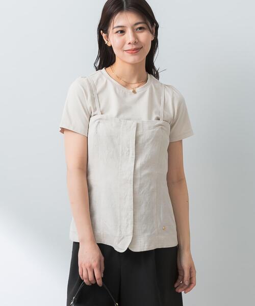 F by ROSSO（エフバイロッソ）の「F by ROSSO　リネン混ビスチェ+半袖Tシャツ（Tシャツ/カットソー・レディース・ベージュ/チェック/チャコールグレー・FREE）」の4枚目の写真