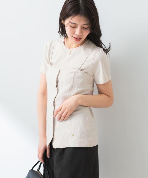 F by ROSSO（エフバイロッソ）の「F by ROSSO　リネン混ビスチェ+半袖Tシャツ（Tシャツ/カットソー・レディース・ベージュ/チェック/チャコールグレー・FREE）」の5枚目の写真