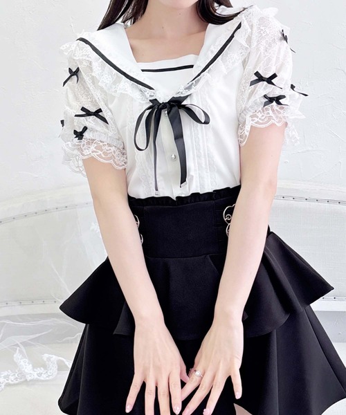 MA*RS（アメーバーマーズ）の「袖レースちびリボン付きセーラーブラウス（シャツ/ブラウス・レディース・ホワイト×ピンク/ホワイト×ブラック/ブラック/ホワイト/ホワイト×ホワイト/ブラック×ブラック/ピンク系その他・FREE）」の3枚目の写真