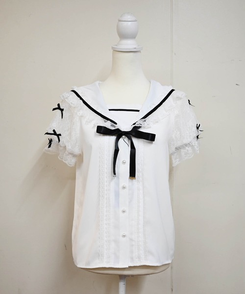セール】袖レースちびリボン付きセーラーブラウス（シャツ