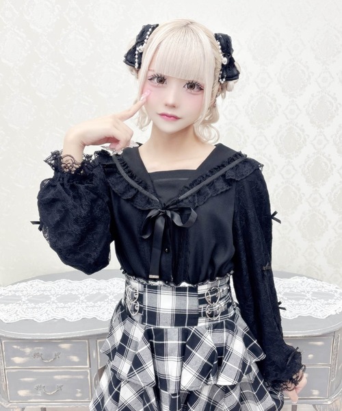 セール】袖レースちびリボン付きセーラーブラウス（シャツ/ブラウス