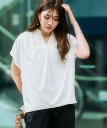 7days Life Styling | 【ひんやり接触冷感】シルケット加工フレンチスリーブキーネックカットソー(脇シェード付)<大きいサイズ有>(Tシャツ/カットソー)
