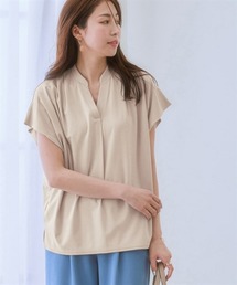 【接触冷感】シルケット加工フレンチスリーブキーネックカットソー（脇シェード付）