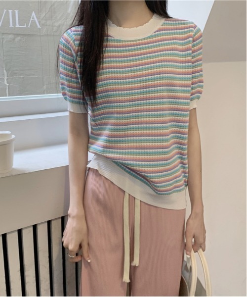 WEGO（ウィゴー）の「WEGO/ボーダーサマーニットクロップド丈トップス/Tシャツ（ニット/セーター・レディース・ピンク/グリーン/その他1/ブラック/ブルー・FREE）」の5枚目の写真