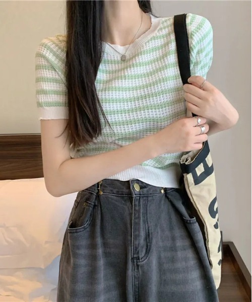 WEGO（ウィゴー）の「WEGO/ボーダーサマーニットクロップド丈トップス/Tシャツ（ニット/セーター・レディース・ピンク/グリーン/その他1/ブラック/ブルー・FREE）」の21枚目の写真