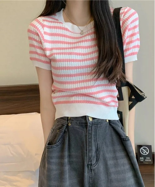 WEGO（ウィゴー）の「WEGO/ボーダーサマーニットクロップド丈トップス/Tシャツ（ニット/セーター・レディース・ピンク/グリーン/その他1/ブラック/ブルー・FREE）」の14枚目の写真