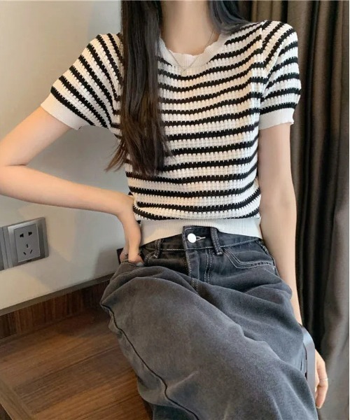 WEGO（ウィゴー）の「WEGO/ボーダーサマーニットクロップド丈トップス/Tシャツ（ニット/セーター・レディース・ピンク/グリーン/その他1/ブラック/ブルー・FREE）」の18枚目の写真