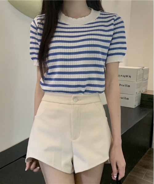 WEGO（ウィゴー）の「WEGO/ボーダーサマーニットクロップド丈トップス/Tシャツ（ニット/セーター・レディース・ピンク/グリーン/その他1/ブラック/ブルー・FREE）」の6枚目の写真