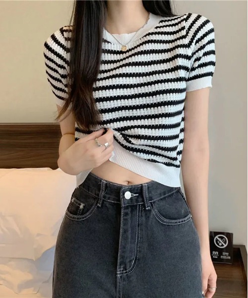 WEGO（ウィゴー）の「WEGO/ボーダーサマーニットクロップド丈トップス/Tシャツ（ニット/セーター・レディース・ピンク/グリーン/その他1/ブラック/ブルー・FREE）」の19枚目の写真