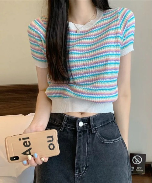 WEGO（ウィゴー）の「WEGO/ボーダーサマーニットクロップド丈トップス/Tシャツ（ニット/セーター・レディース・ピンク/グリーン/その他1/ブラック/ブルー・FREE）」の17枚目の写真