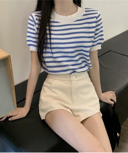 WEGO（ウィゴー）の「WEGO/ボーダーサマーニットクロップド丈トップス/Tシャツ（ニット/セーター・レディース・ピンク/グリーン/その他1/ブラック/ブルー・FREE）」の7枚目の写真