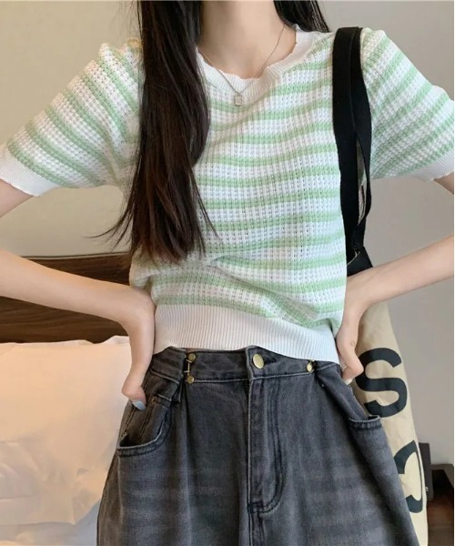 WEGO（ウィゴー）の「WEGO/ボーダーサマーニットクロップド丈トップス/Tシャツ（ニット/セーター・レディース・ピンク/グリーン/その他1/ブラック/ブルー・FREE）」の22枚目の写真