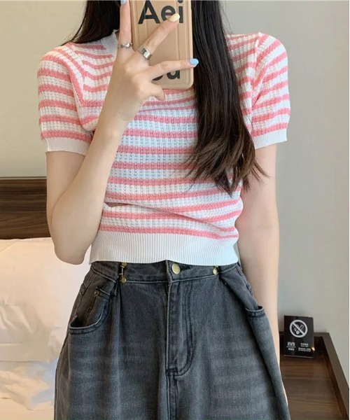 WEGO（ウィゴー）の「WEGO/ボーダーサマーニットクロップド丈トップス/Tシャツ（ニット/セーター・レディース・ピンク/グリーン/その他1/ブラック/ブルー・FREE）」の15枚目の写真