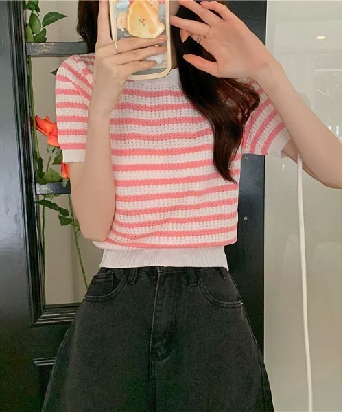 WEGO（ウィゴー）の「WEGO/ボーダーサマーニットクロップド丈トップス/Tシャツ（ニット/セーター・レディース・ピンク/グリーン/その他1/ブラック/ブルー・FREE）」の16枚目の写真